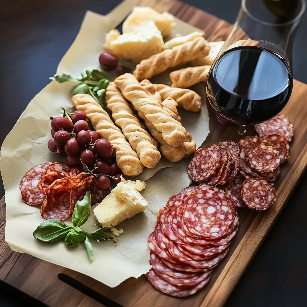 Charcuterie board with wine and Helaney's Italian Wine Biscuits