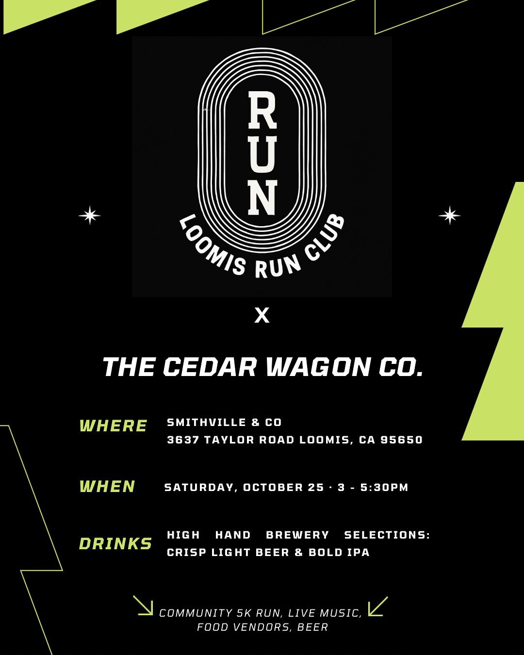 📣ANNOUNCEMENT!!📣
The Cedar Wagon Co. will be at The Loomis Run Club&rsquo;s 6k launch event! Community 5k, live music by DJ Badboy916, food, beer, giveaways and more! Grab your tickets and running shoes, we&rsquo;ll see you there! 
&bull;
🏃🏃&zwj;