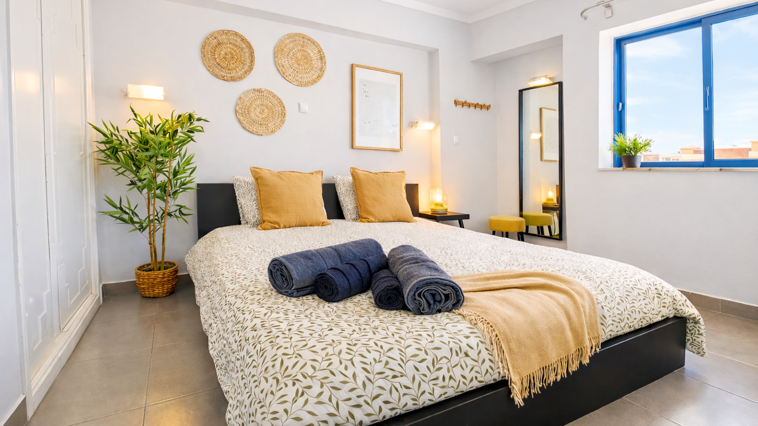 Quarto moderno com cama de casal, travesseiros bege e roupa de cama com estampa de folhagem, toalhas de banho enroladas na cama, uma planta no canto esquerdo, uma penteadeira com espelho, dois bancos com assentos amarelos, uma janela grande com vista para o céu e decoração minimalista na parede.