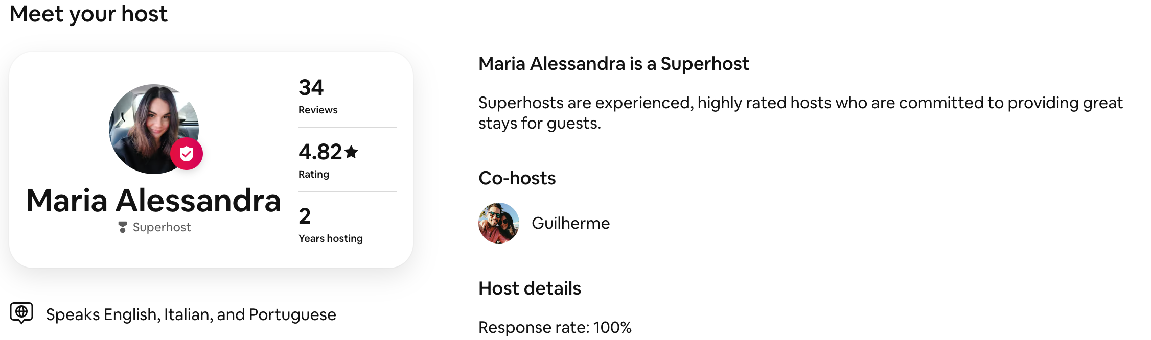 Perfil de anfitriã chamado Maria Alessandra com avaliação de 4.82 estrelas e 34 avaliações, descrevendo-se como Superhost há 2 anos, com detalhes de contato com Guilherme, falando inglês, italiano e português, e uma foto sorridente dela com cabelo castanho escuro