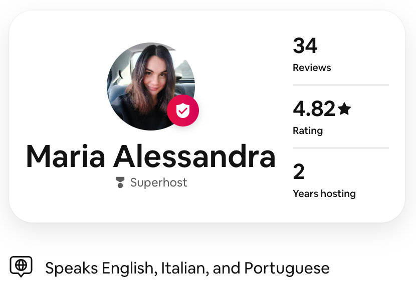 Perfil de Maria Alessandra com foto, avaliações, classificação, tempo de hospedagem, idiomas falados e status de superhost.