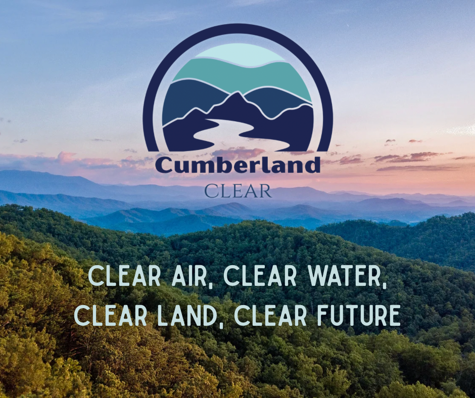 A scenic landscape of green hills and mountains under a cloudy sky with a sunset in the background, featuring a logo with stylized mountains, river, and sky, and the text promoting clean air, water, land, and future on the Cumberland Plateau.