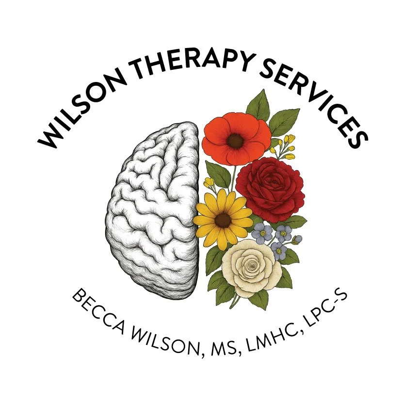 Logo for Wilson Therapy Services featuring a half human brain illustration on the left and a bouquet of colorful flowers including red, yellow, orange, white, and purple on the right. The text above reads 'Wilson Therapy Services' and below it 'Becca Wilson, MS, LMHC, LPCs'.