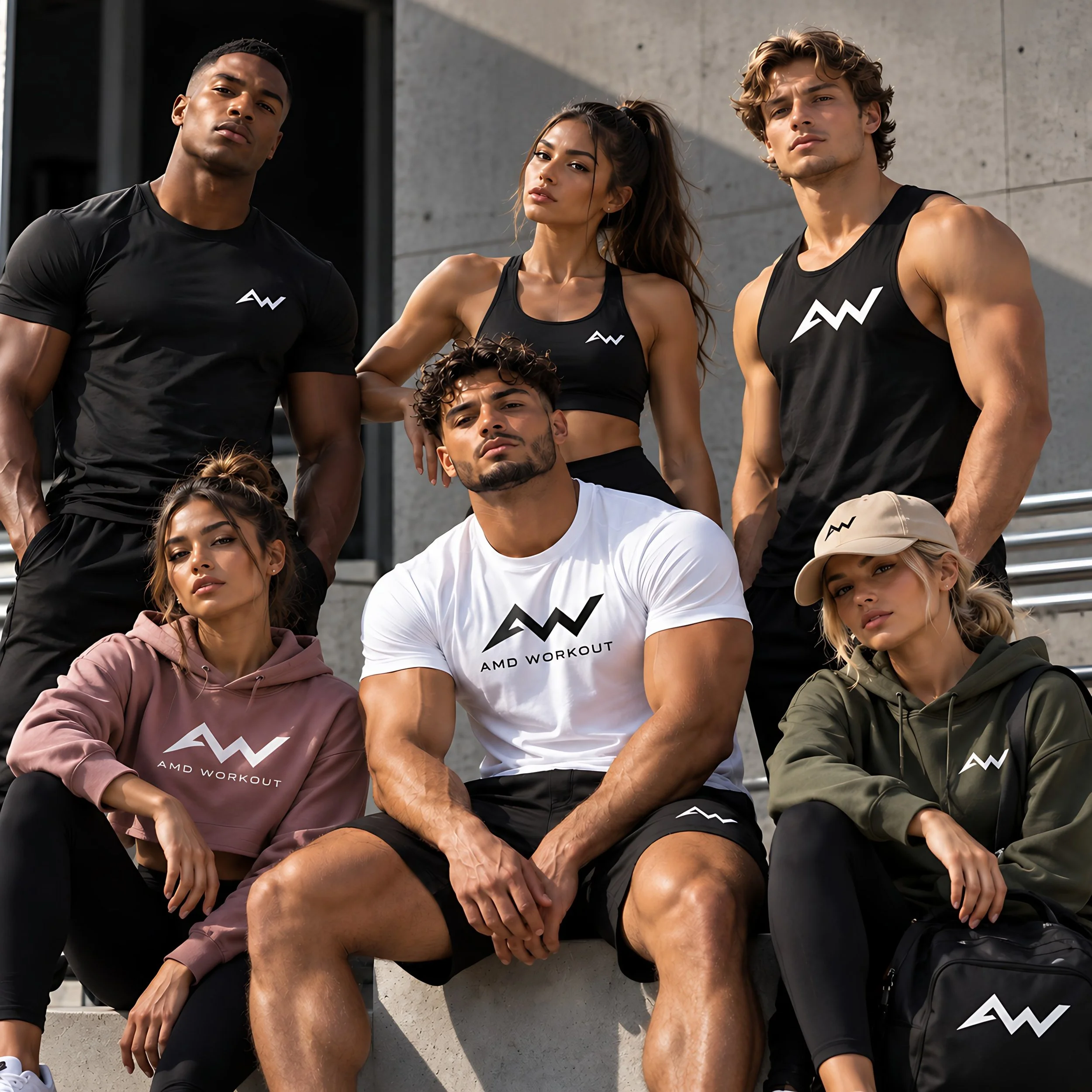 Six athlètes en tenues AMD WORKOUT : t-shirts, débardeur, brassière, sweats et casquette