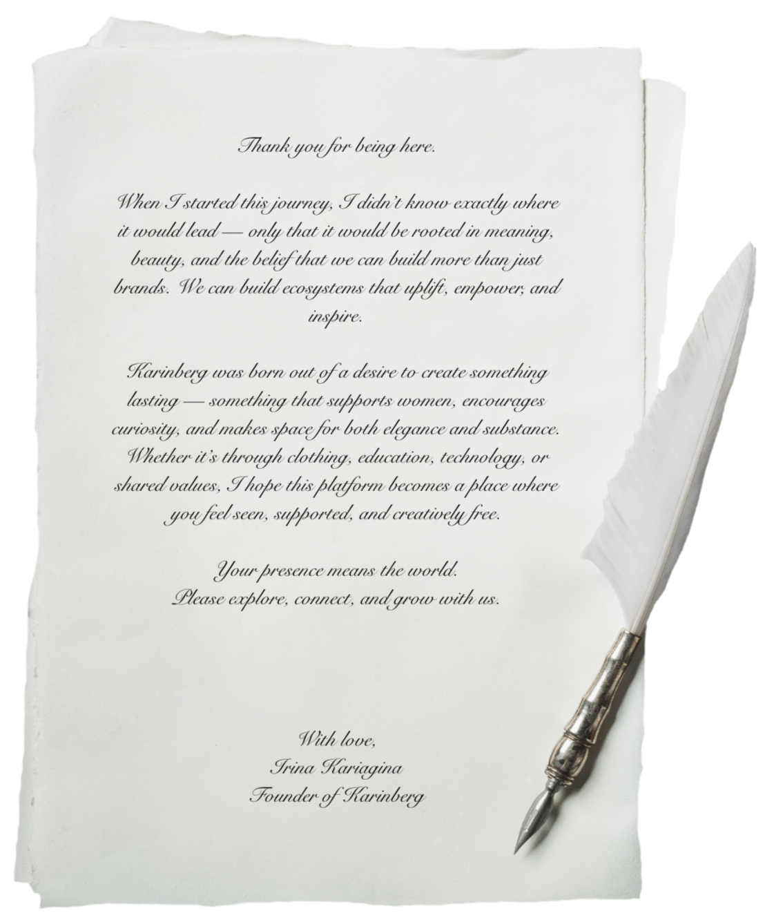 A handwritten letter on textured paper with a quill pen resting on it, expressing gratitude and encouragement.