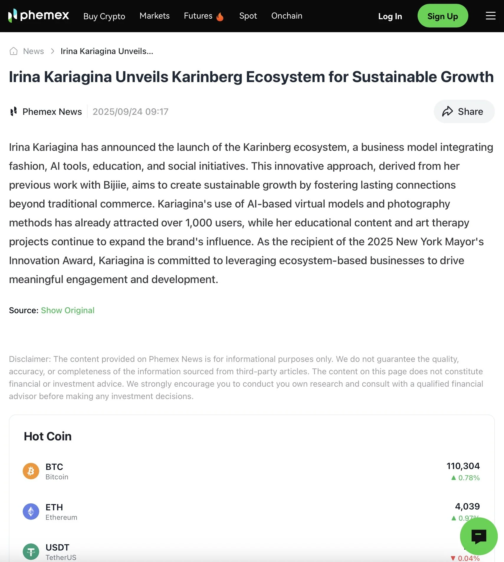 A screenshot of a news article from Phemex news website, titled 'Irina Kariagina Unveils Karinberg Ecosystem for Sustainable Growth.' It includes details about Irina Kariagina launching the Karinberg ecosystem, a business model integrating fashion, AI tools, education, and social initiatives. The article mentions her work with Bijie, her AI virtual models, and her educational content and art therapy projects. The date on the article is September 24, 2025, at 09:17. The webpage also displays current cryptocurrency prices for Bitcoin, Ethereum, and TetherUS.