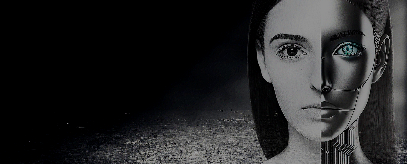 A digital composite image showing the face of a human-like robot with alternating human and robotic features, set against a dark, futuristic background.