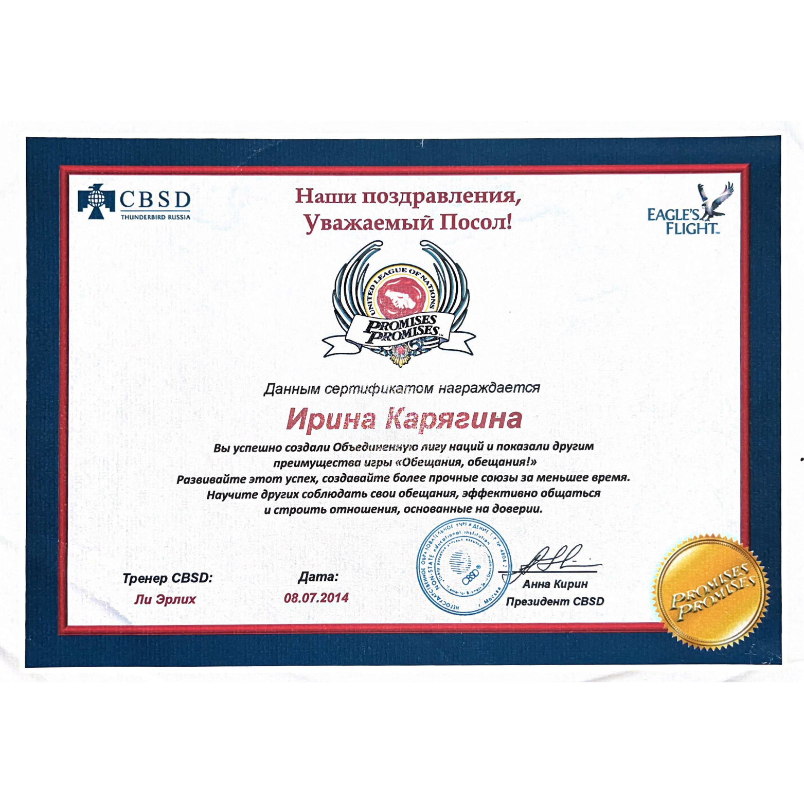 Certificate awarded to Irina Karyagina for creating a national league and demonstrating game advantages, signed by Anna Kirin, with the date July 8, 2014, and features logos of CBSD and Eagle's Flight.