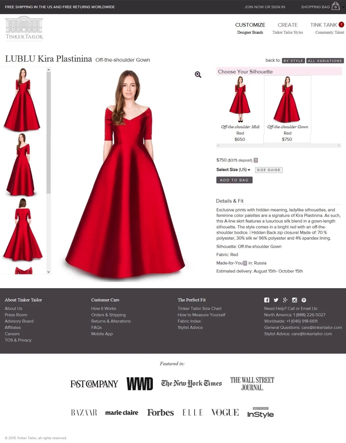 Screenshot of an online dress store displaying a red off-the-shoulder gown named LUBLU Kira Plastinina, with options to choose different silhouettes and view details about fabric, fit, and delivery. The page contains a model in the red dress, a sidebar with additional dress views, and footer links to customer service and media features.