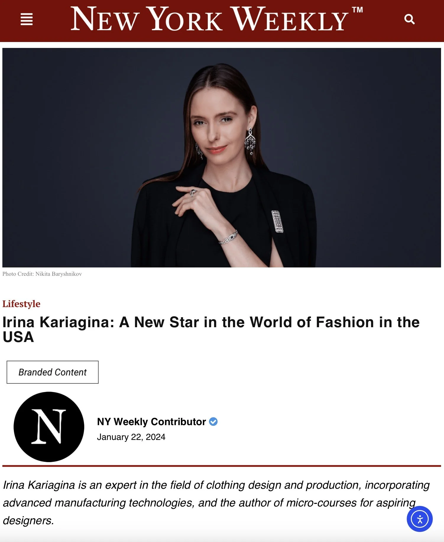 A portrait of a woman wearing a black outfit and jewelry, posed against a dark background, in a magazine article layout.