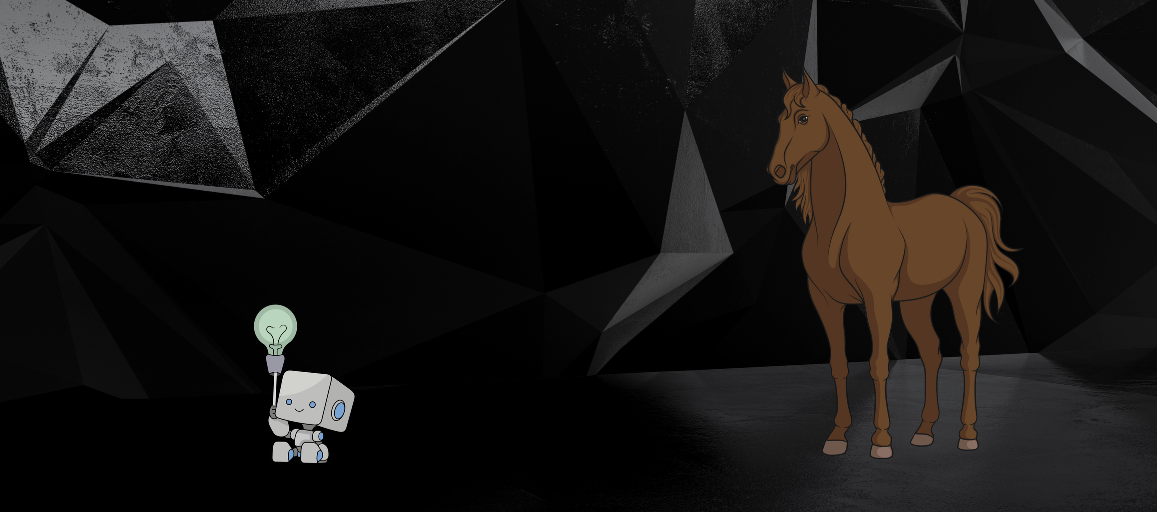 A cartoon robot holding a light bulb standing next to a brown horse inside a dark, geometric, low-lit environment.