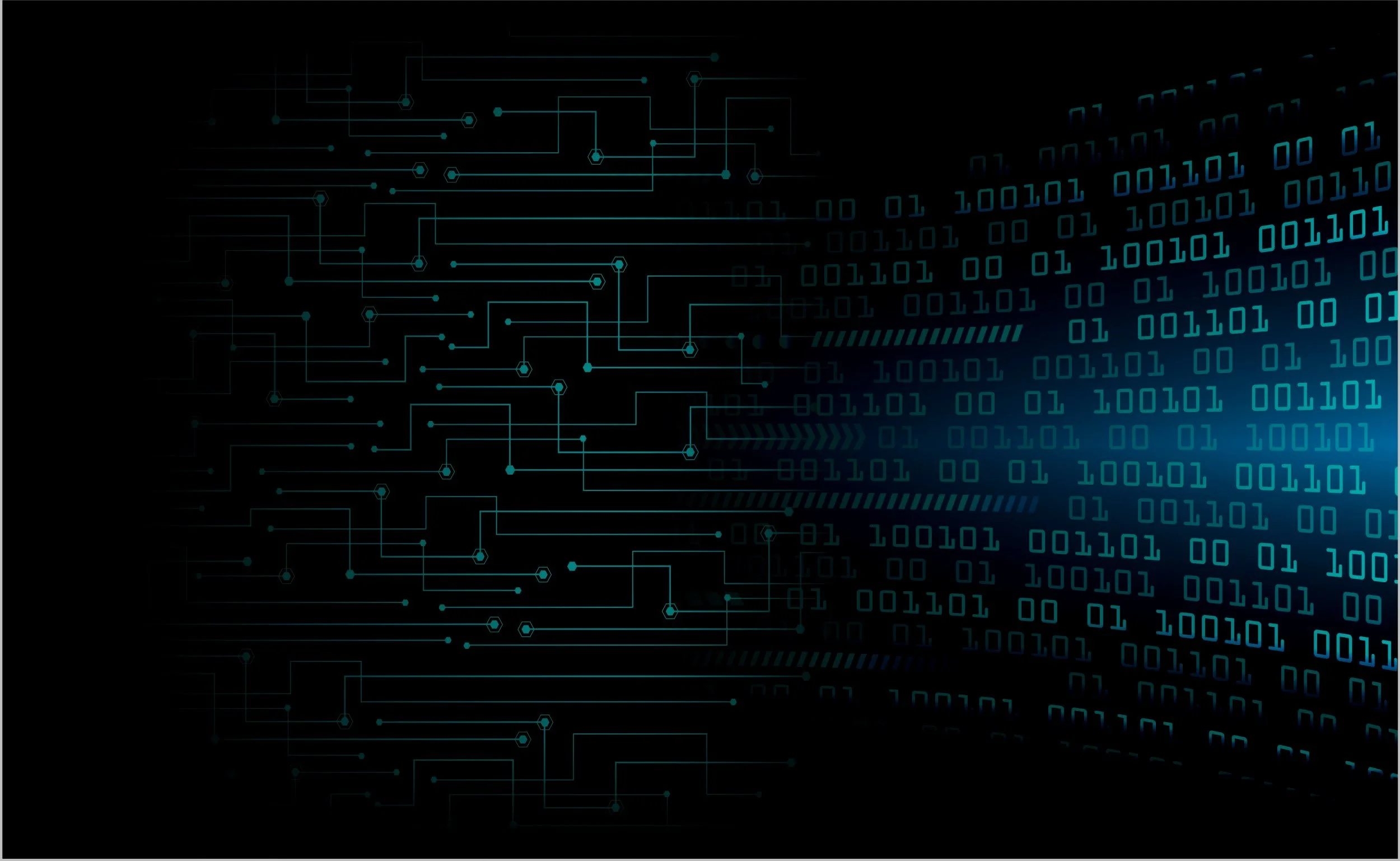 Digital illustration of a futuristic data stream with binary code and circuit lines on a black background.