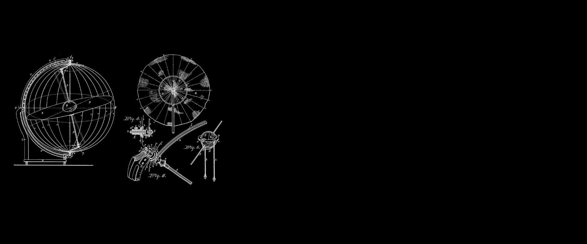 Blueprint technical drawings of scientific instruments, including globes, a telescope, and measuring tools, on a black background.