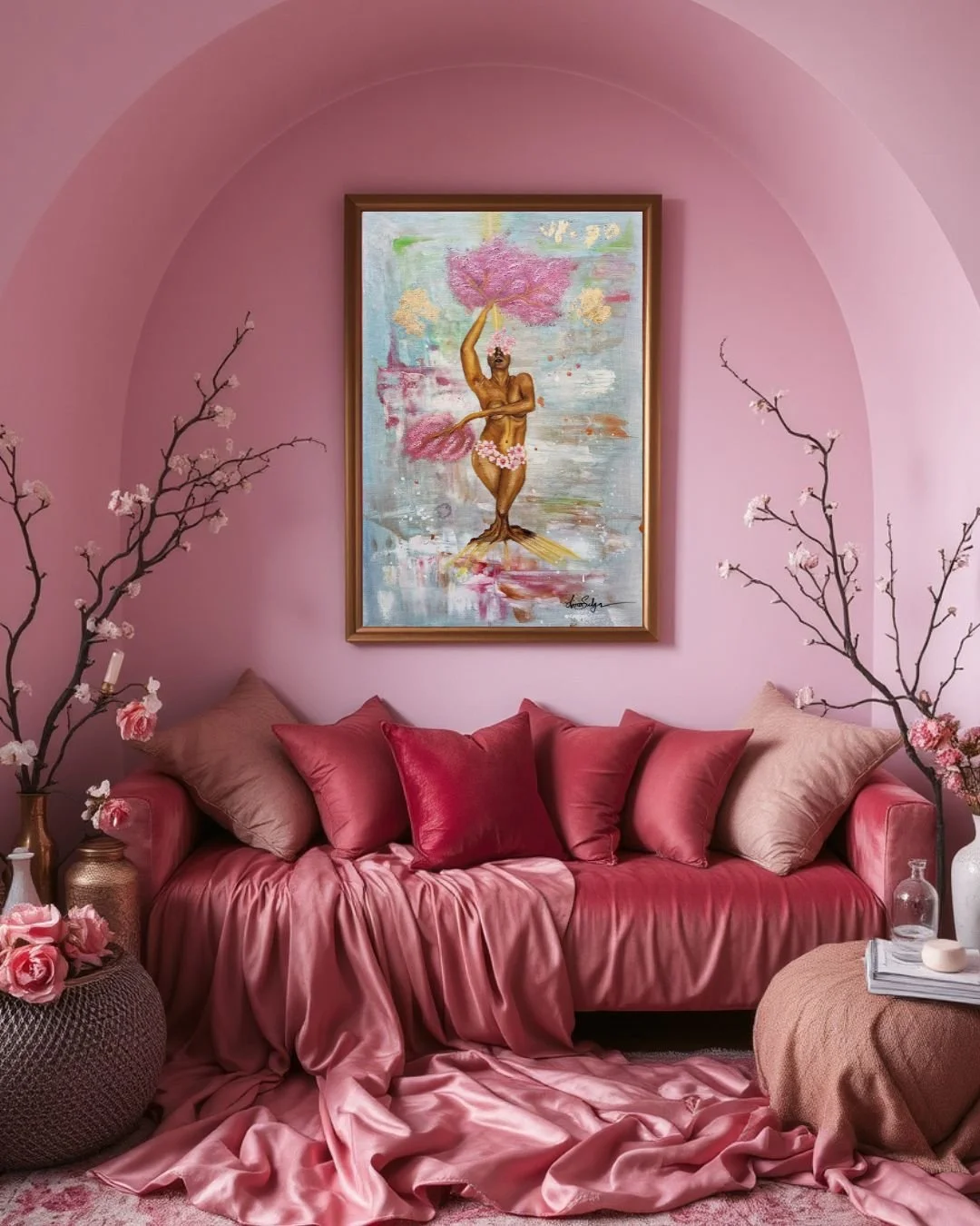 Divine Feminine, a Symbolic Realism painting by Lina Sulga, displayed in a luxurious, sensual bedroom setting. Represents self-love, self-nourishment, and overflow.