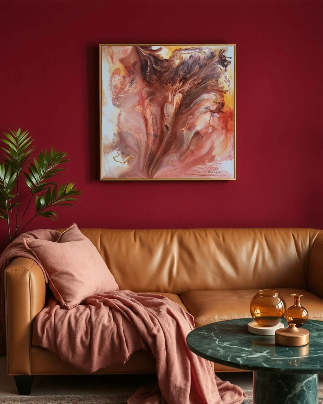 Element Art painting Geisha by Lina Sulga displayed in a luxurious, live environment. The artwork channels fluid, instinct-born energy, evoking sensuality, presence, and movement within an elegant, high-end setting.
