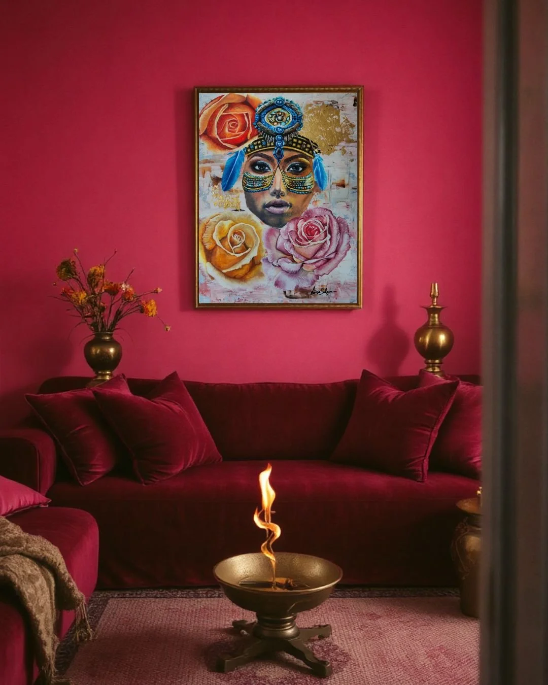 Goddess Energy – Original Painting of a Woman Shaman with Roses | 30×40 cm