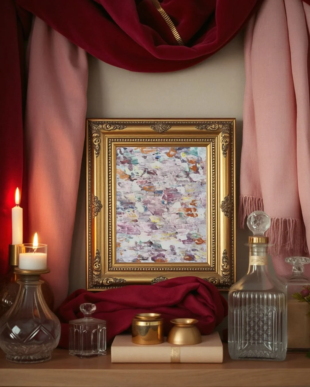 Soul Portrait by Lina Sulga displayed in a luxurious, sensual, feminine setting. Framed and intimate, the image highlights the rich, immersive energy of the artwork within a personal space.