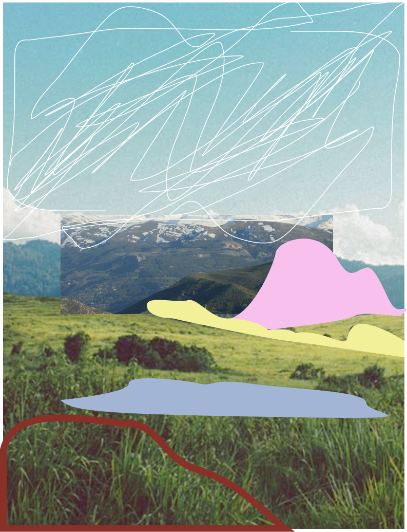 Paisaje de montañas, praderas verdes, un lago, con formaciones de nubes y líneas blancas y coloreadas que parecen dibujos adicionales superpuestos.