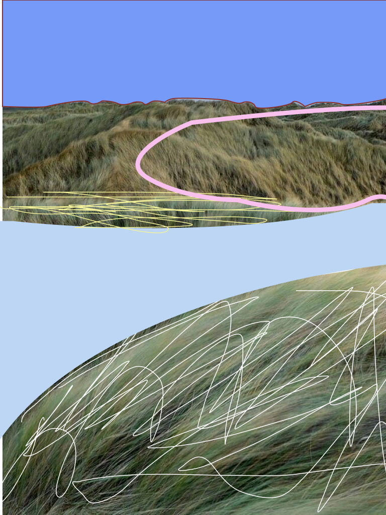 Paisaje de dunas de arena con hierba en una costa, con agua en primer plano y cielo azul en el fondo, con algunas marcas de anotaciones y líneas superpuestas.