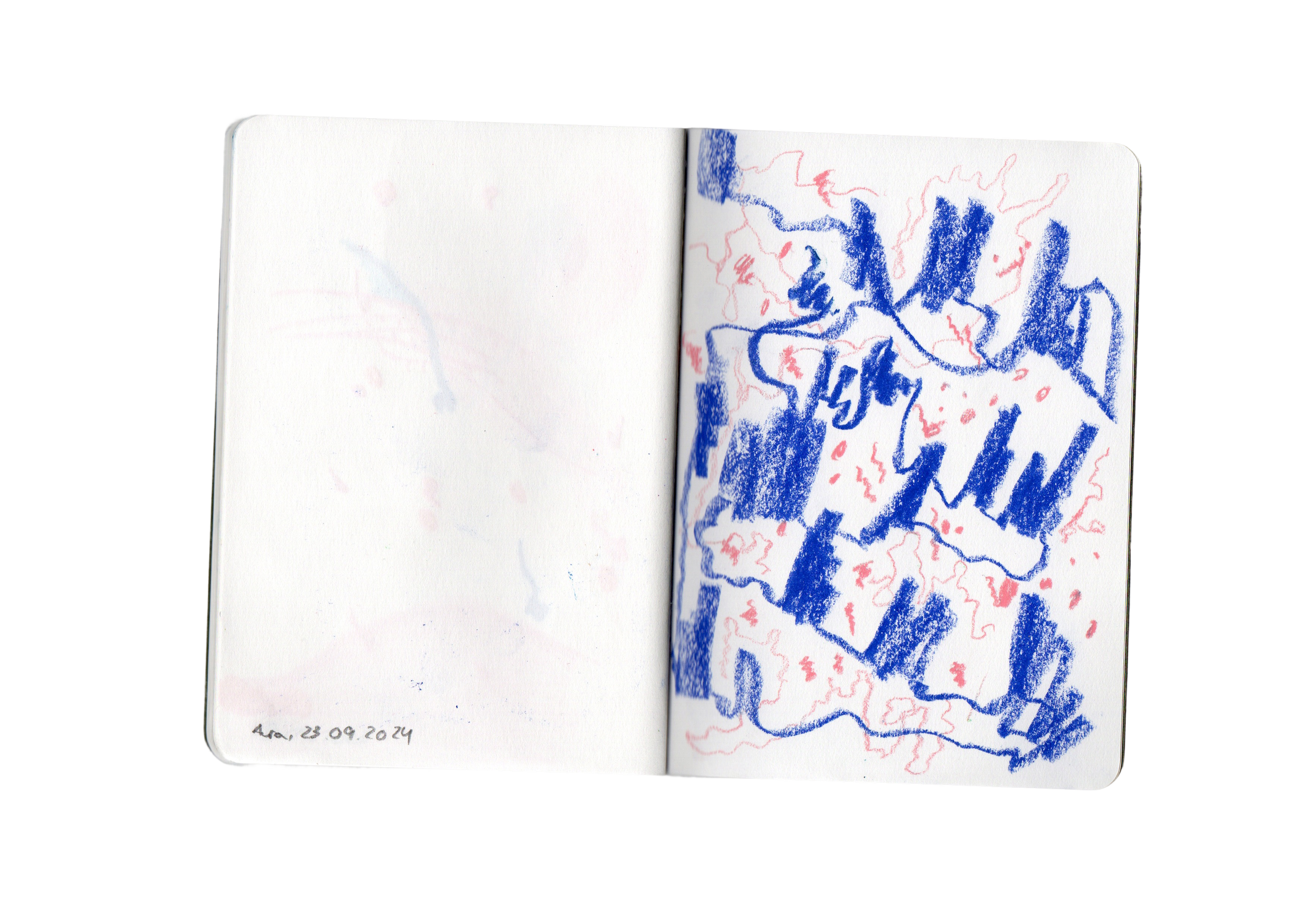 Dibujo en el cuaderno con líneas y áreas llenas de color azul y rojo, representando un mapa o esquema abstracto. En la esquina inferior izquierda, hay una fecha escrita: 28.09.2021.