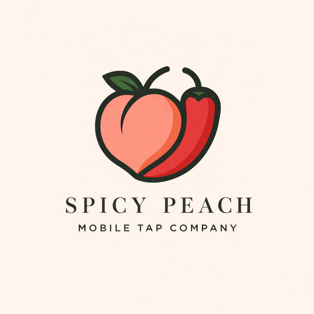 Logo of Spicy Peach Mobile Tap Company featuring a stylized peach and jalapeño pepper, with the company name below.