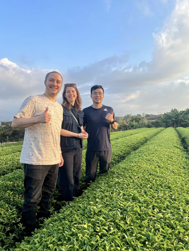 Three people standing in a lush green field of tea plants during the daytime, smiling, with a blue sky and clouds overhead.