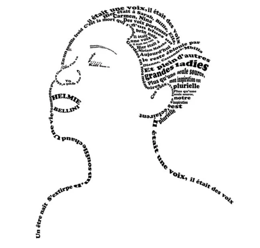 Illustration of a person with short hair wearing glasses, created using French text arranged in the shape of the person's profile.