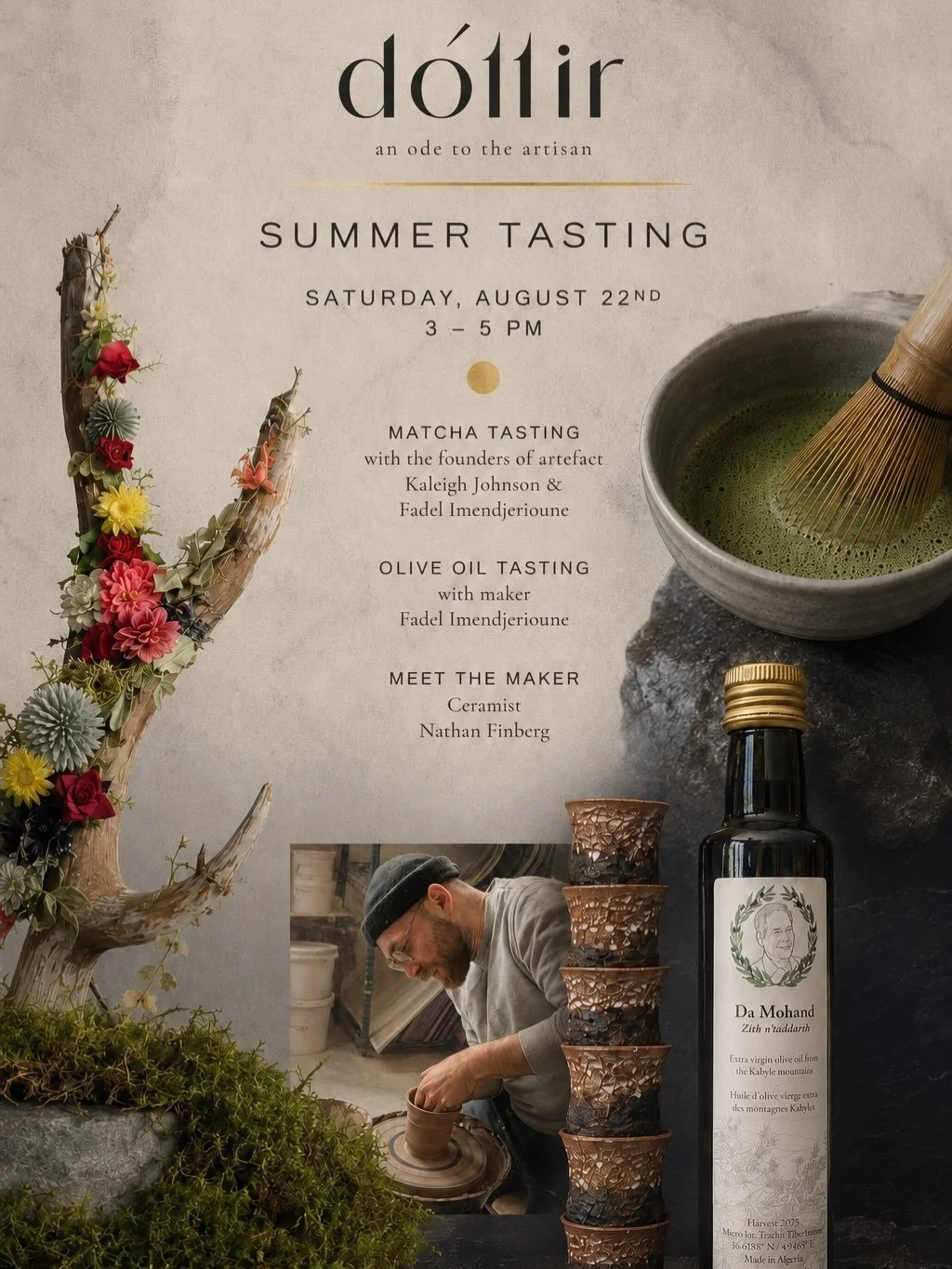 A celebration of D&oacute;ttir&rsquo;s first summer season.

Join us at 15 Middle St. for a Summer Tasting on August 22nd from 3-5 featuring
~ @artefact_marais matcha, 
~ @fadel_imendjerioune Da Mohand olive oil from the Kabyle mountains, 
~and the i