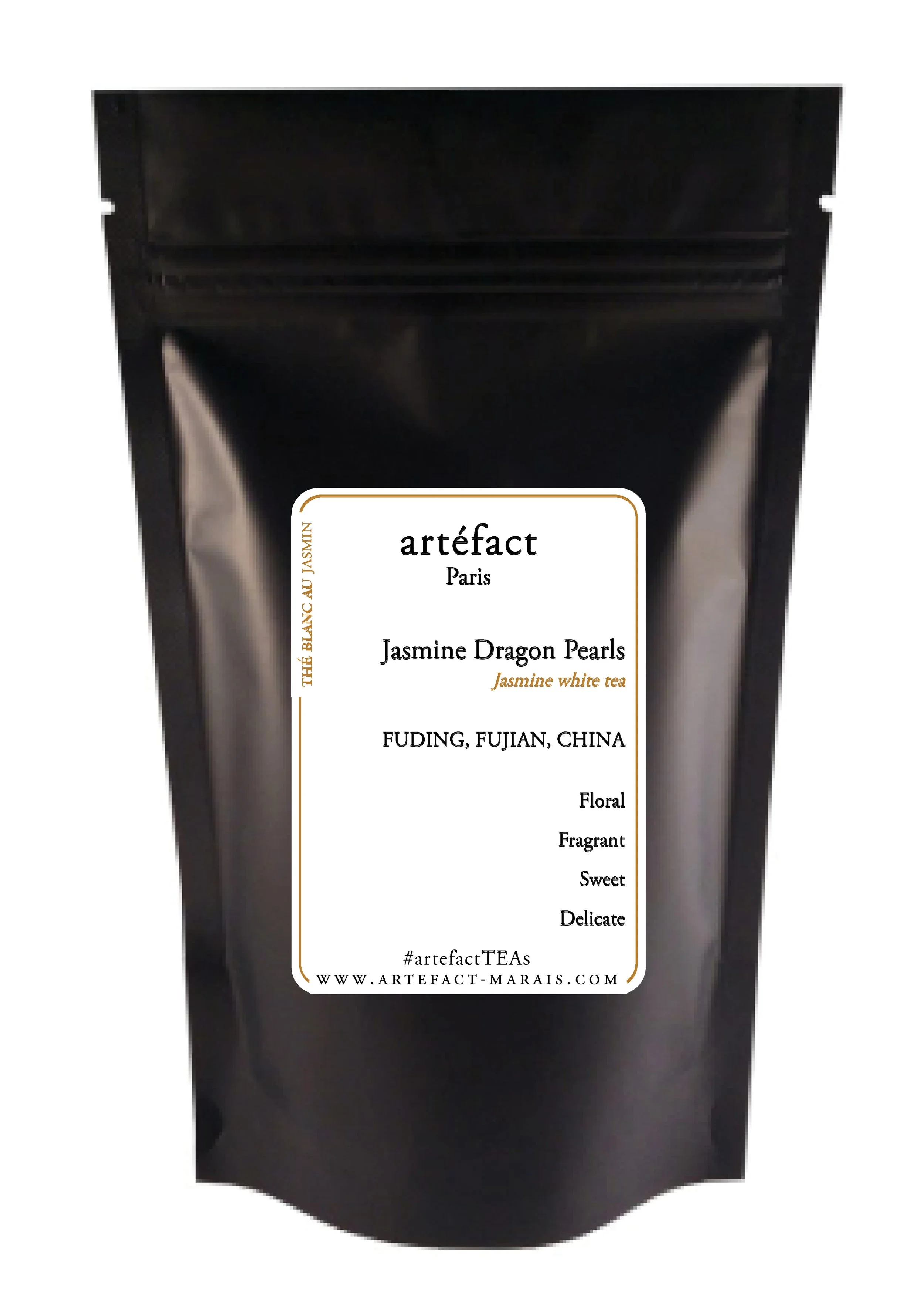 Black stand-up pouch of Artefact Jasmine Dragon Pearls jasmine white tea from Fuding, Fujian, China with a white label listing tea characteristics.