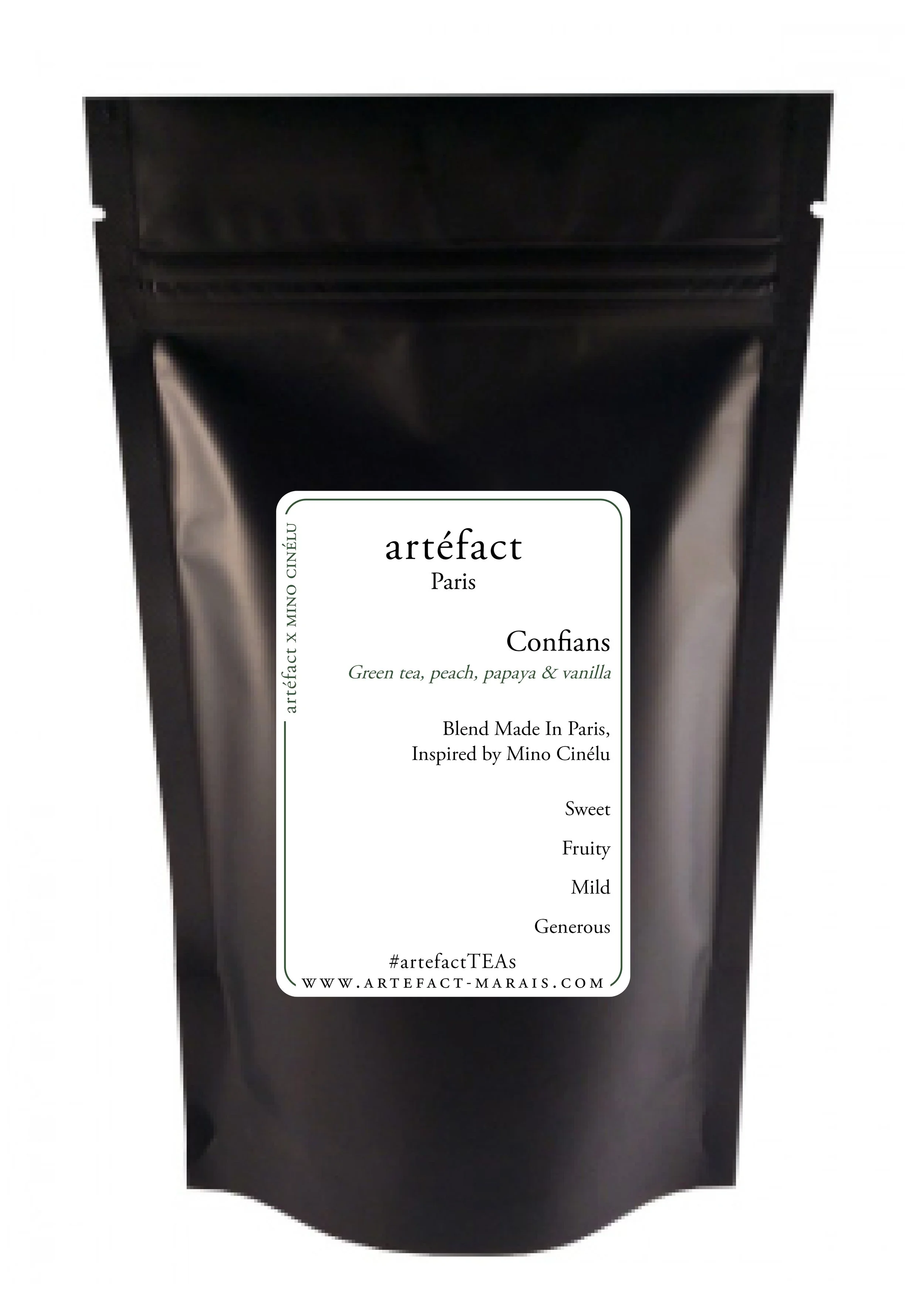 A black bag of artisanal tea from Artefact Paris, with a label detailing the tea's flavor and ingredients.