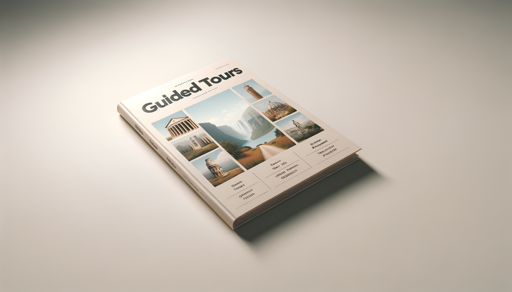 A booklet titled Guided Tours with images of scenic landmarks and natural landscapes on the cover, lying on a light-colored surface with a gentle shadow.