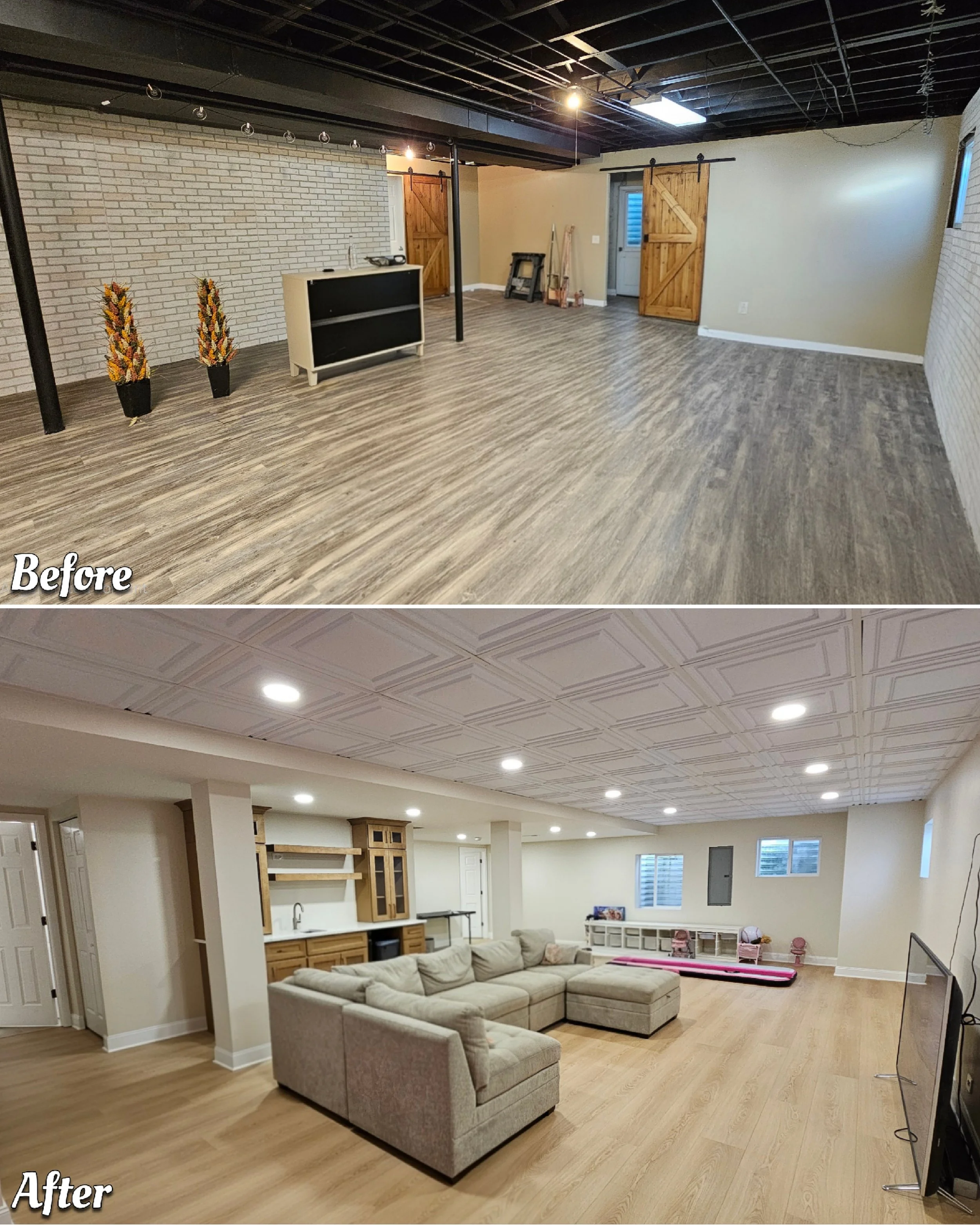 Comparison of a basement before and after renovation; the before image shows an empty basement with flooring, exposed ceiling, and minimal decor; the after image shows a finished basement with a sectional sofa, built-in shelves, a TV, and a decorated