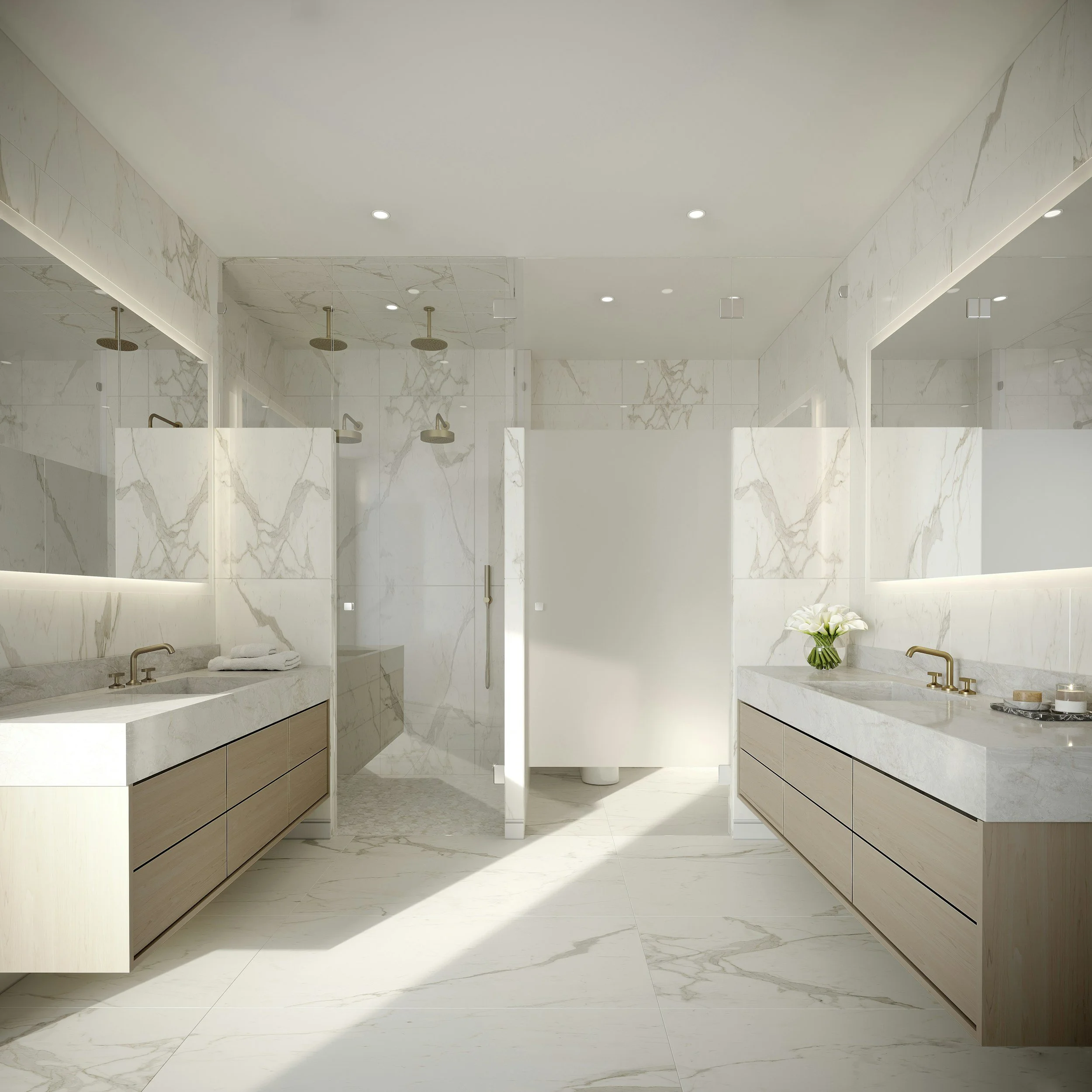Modern luxury bathroom with marble walls, dual sinks with gold faucets, large mirrors, a flower vase, and multiple showerheads.