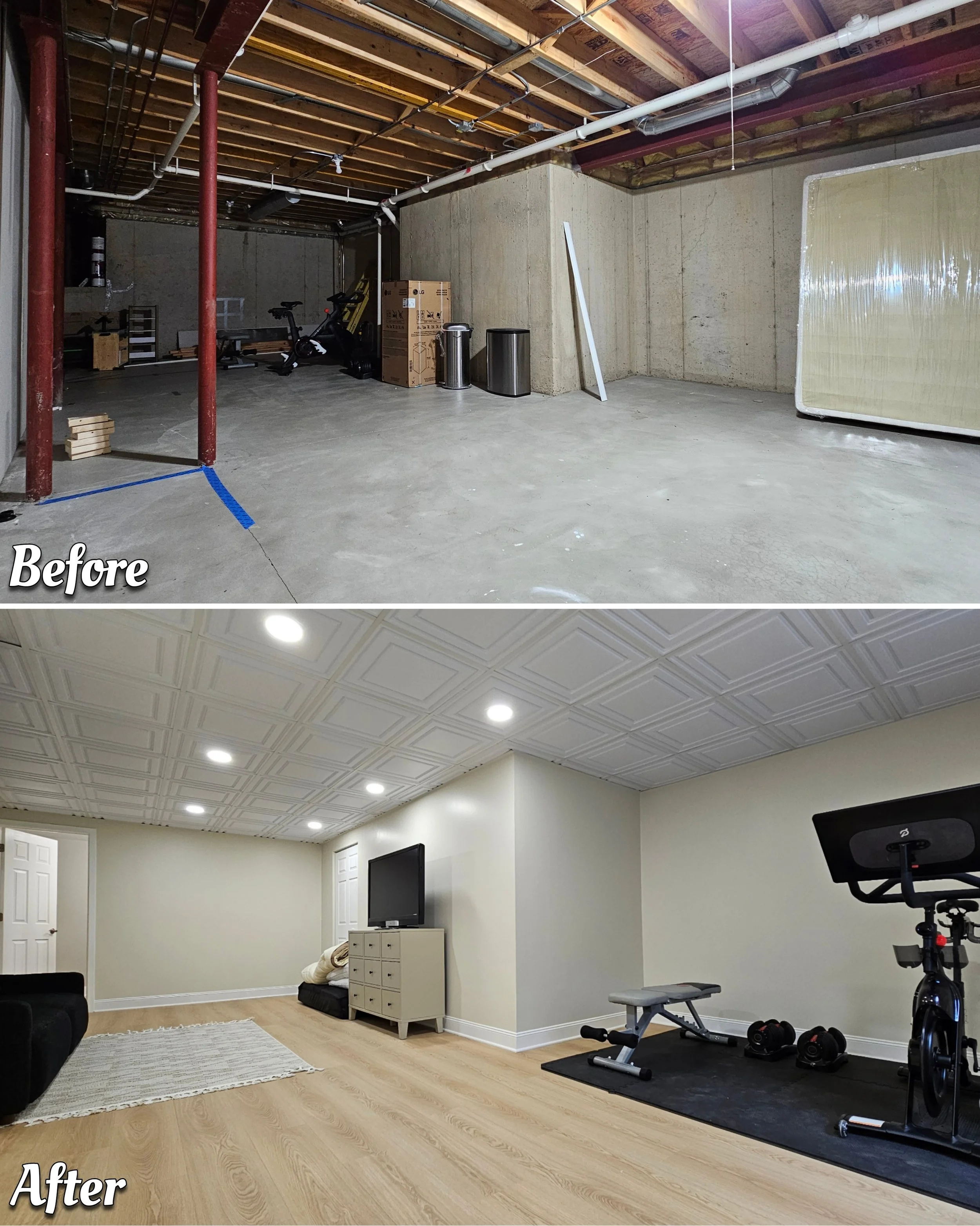 Comparison of a basement before and after renovation: the before photo shows an unfinished, cluttered, and bare concrete basement with exposed ceiling beams and pipes; the after photo shows a finished, clean, and decorated basement with ceiling tiles