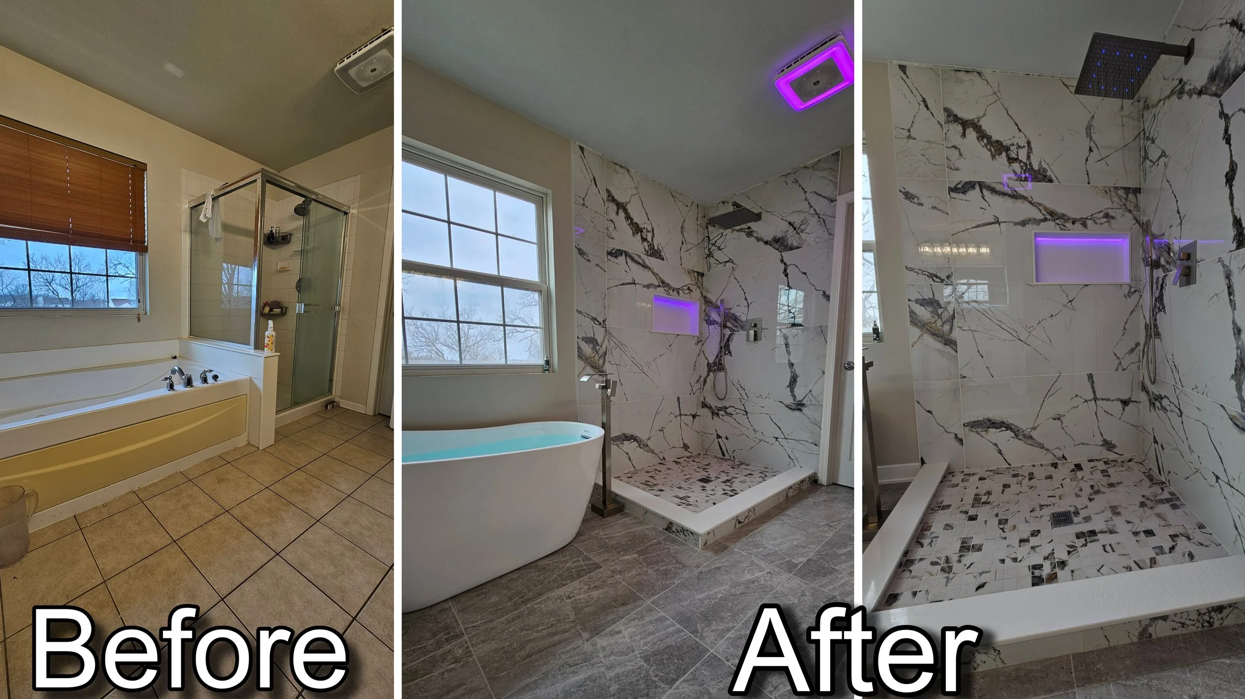 Comparison of a bathroom before and after renovation. The before image shows a simple bathroom with a bathtub, shower with glass door, and tan tiled floor. The after images show a modern bathroom with marble tiles, a walk-in shower with purple lighting accents, and a freestanding bathtub.