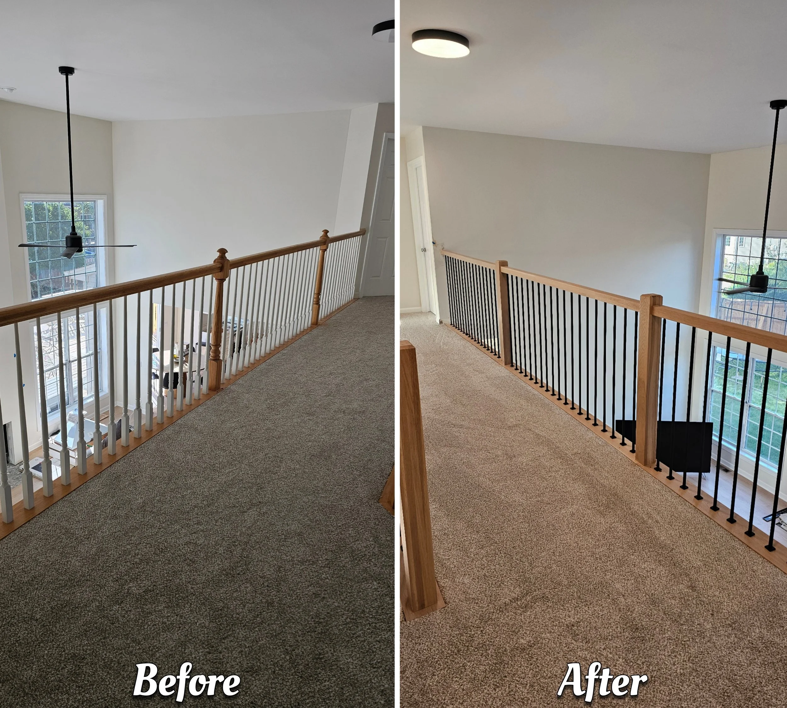 Side-by-side comparison of a staircase railing area before and after replacement. The before image shows a beige carpeted floor and a mix of white and natural wood-colored railing, while the after image features a light brown carpet and a new black-p