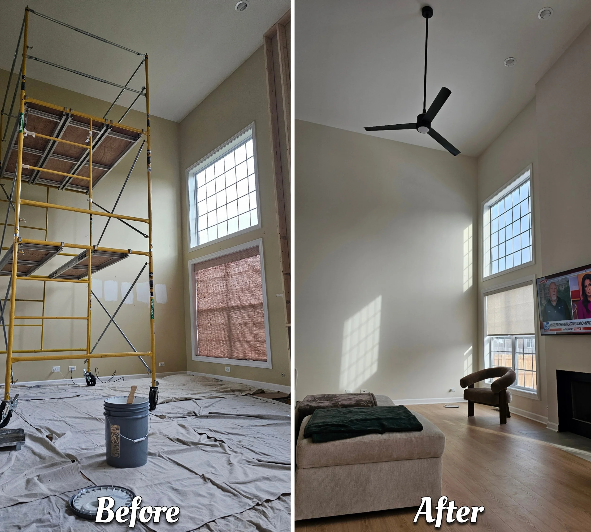Comparison of a living room before and after renovation showing a construction scaffold and covered floor in the 'Before' image, and empty room with finished walls, ceiling fan, wood flooring, and furniture in the 'After' image.