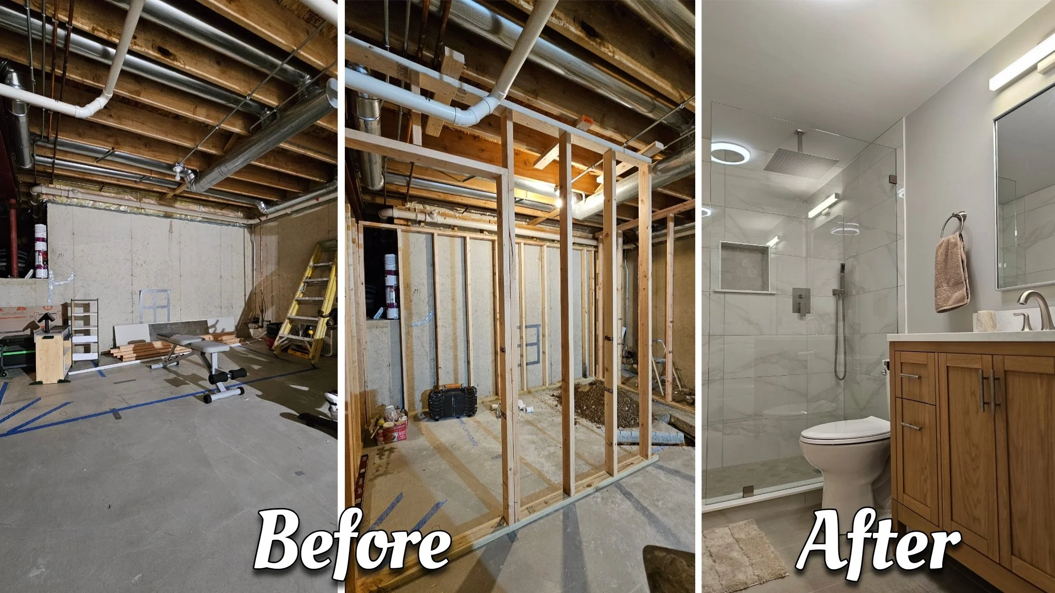Before and after of a newly built basement bathroom in Crystal Lake, showing the construction and finishing process with modern fixtures and tile.