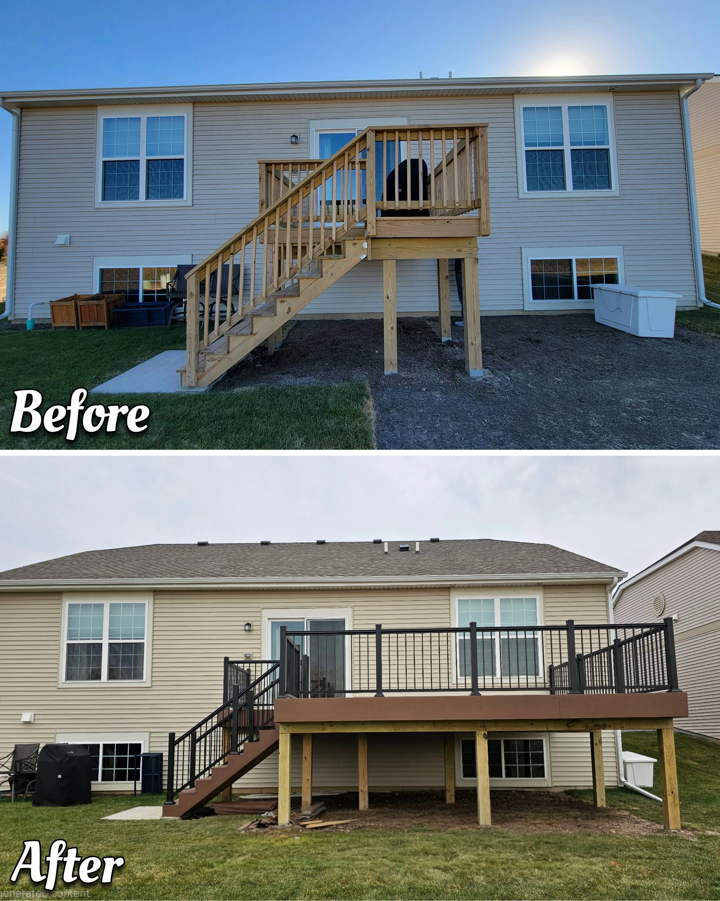 Comparison of a house's back view showing a wooden deck before and after renovation. The 'Before' image shows an unfinished deck with wooden stairs, while the 'After' image shows a completed deck with black metal railing and upgraded stairs.
