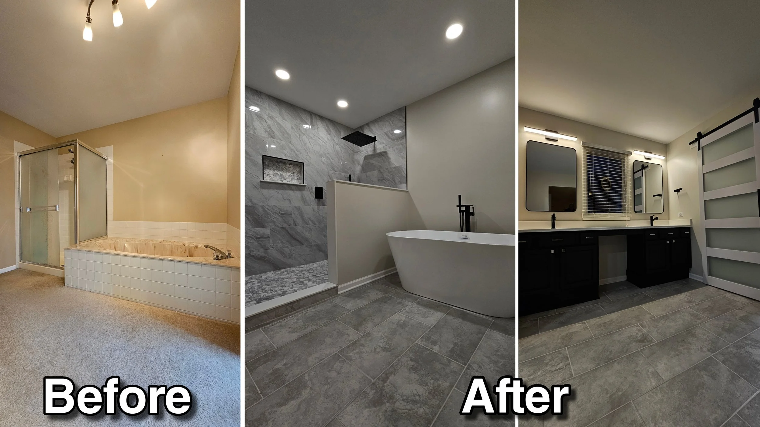 Comparison of bathroom renovations showing a before and after transformation. The before image features a bathtub with a beige surround, an incomplete shower with frosted glass, and beige carpeted flooring. The after images show the bathroom transformed with sleek, modern design: the second image depicts a luxurious walk-in shower with gray marble tiles and a freestanding bathtub, and the third image shows a contemporary vanity with two mirrors, black fixtures, and a sliding barn door.