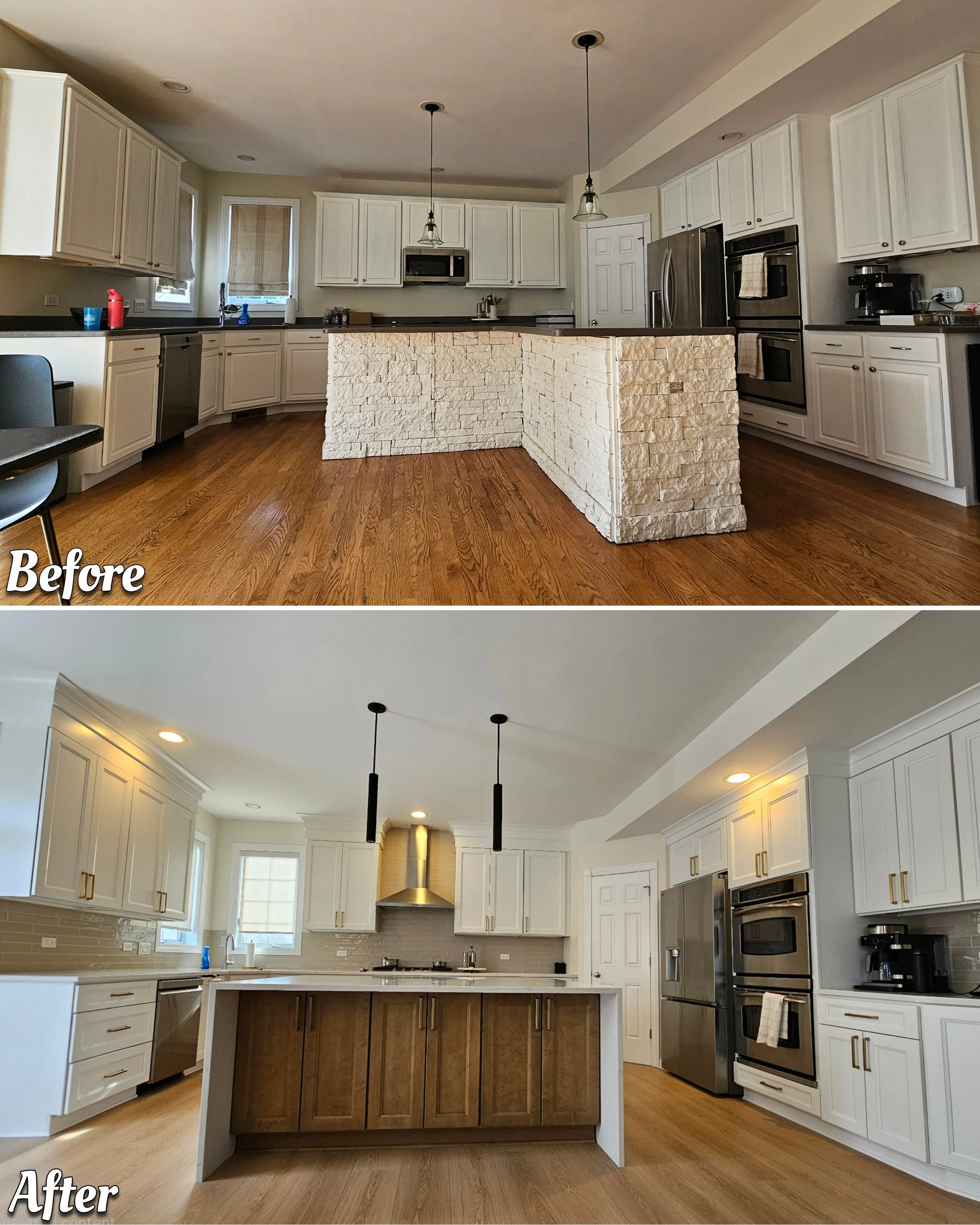 Comparison of a kitchen before and after renovation. The before image shows a large stone island with white cabinets and wood flooring. The after image features a remodeled kitchen with a different island with a wooden base, white cabinets, modern bl