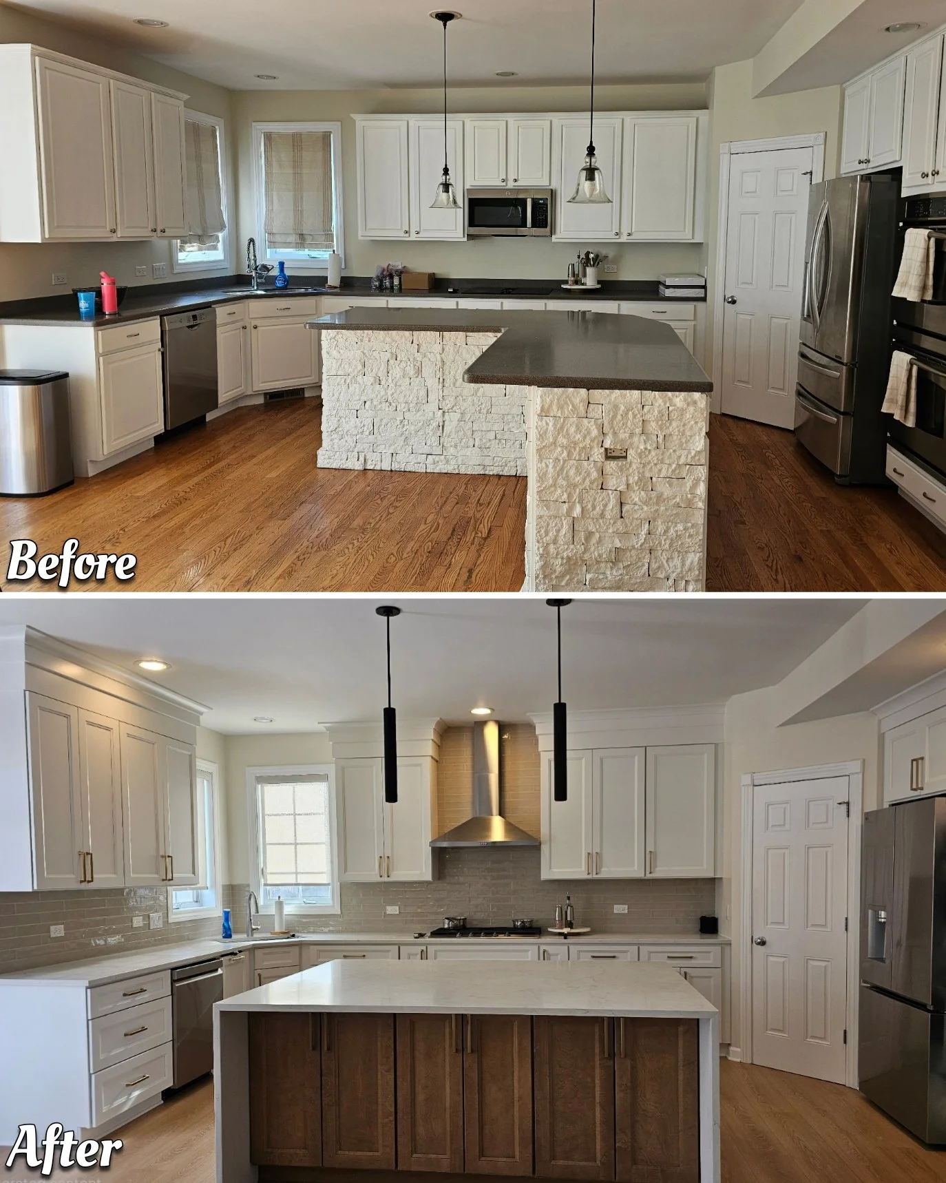 Comparison of a kitchen before and after renovation. The before image shows white cabinetry, a stone-fronted island, and darker countertops. The after image features updated white cabinets with gold handles, a lighter backsplash, and a modern range h