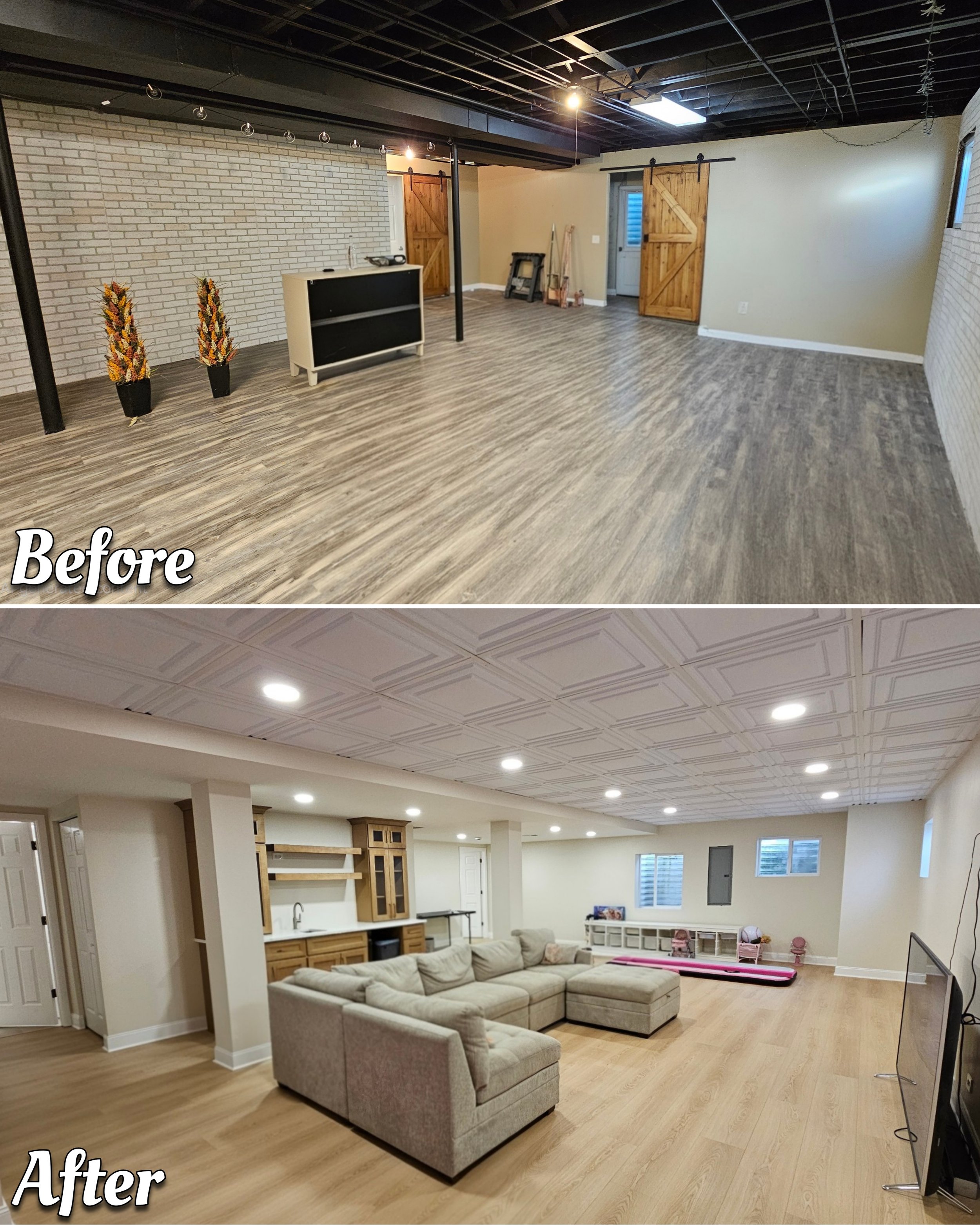 Before and after of a finished basement lounge area in Crystal Lake with custom wet bar, modern lighting, and open concept floor plan.