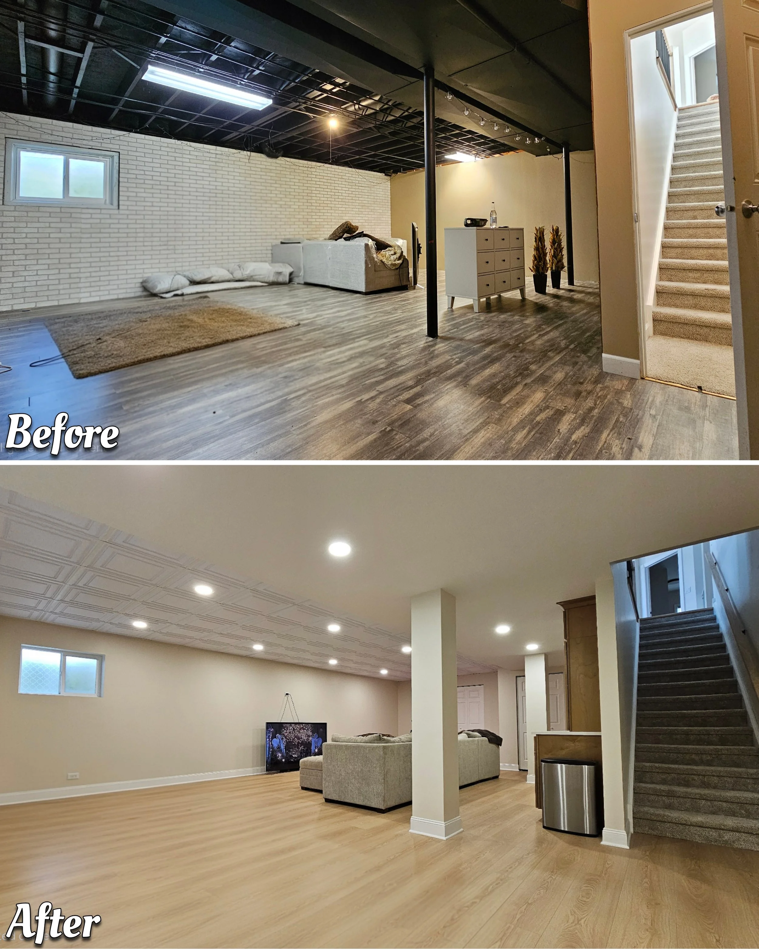 Comparison of a basement before and after flooring renovation, showing the removal of old flooring and installation of new wood-style flooring with lighting and decor updates.