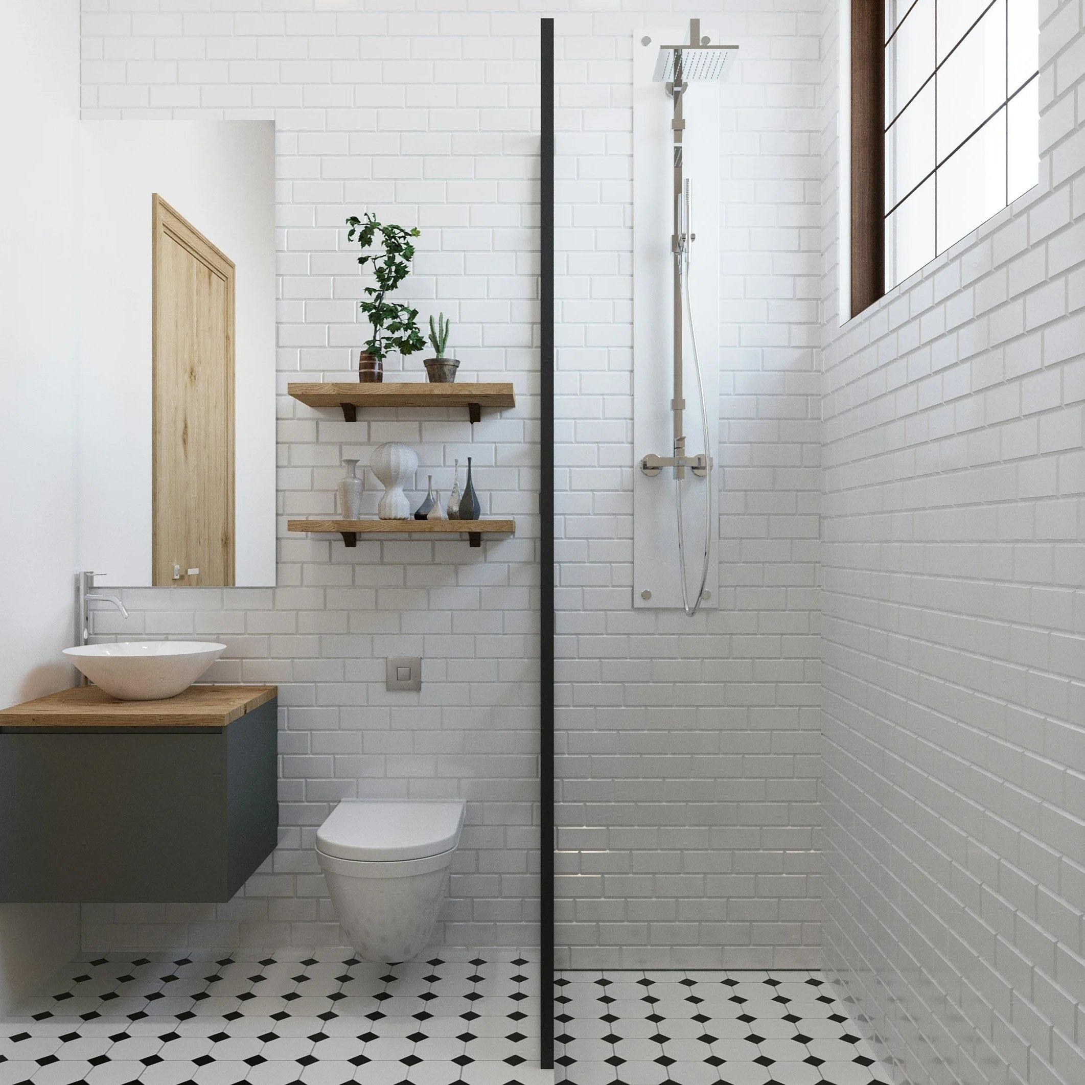 Modern bathroom with white brick walls, black and white mosaic tile floor, a floating sink with a wooden countertop, open shelves with plants and decorative items, a wall-mounted toilet, a large mirror, and a walk-in shower with a rain showerhead, illuminated by natural light from a window.