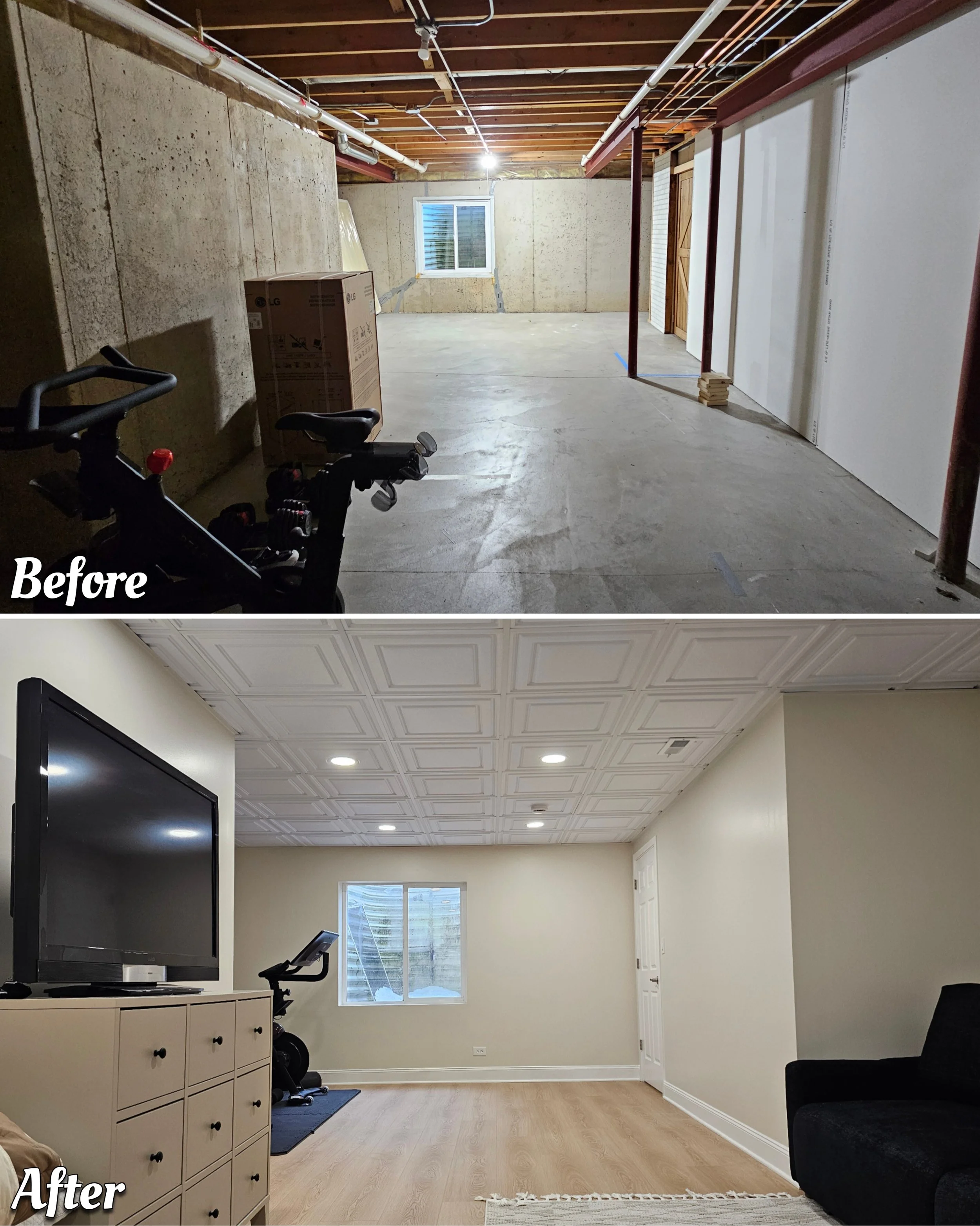 Transformation of a basement: the top image shows an unfinished, concrete basement with exposed ceiling beams, pipes, and minimal furnishings; the bottom image shows the same space fully finished with a white ceiling, light-colored walls, wood floori