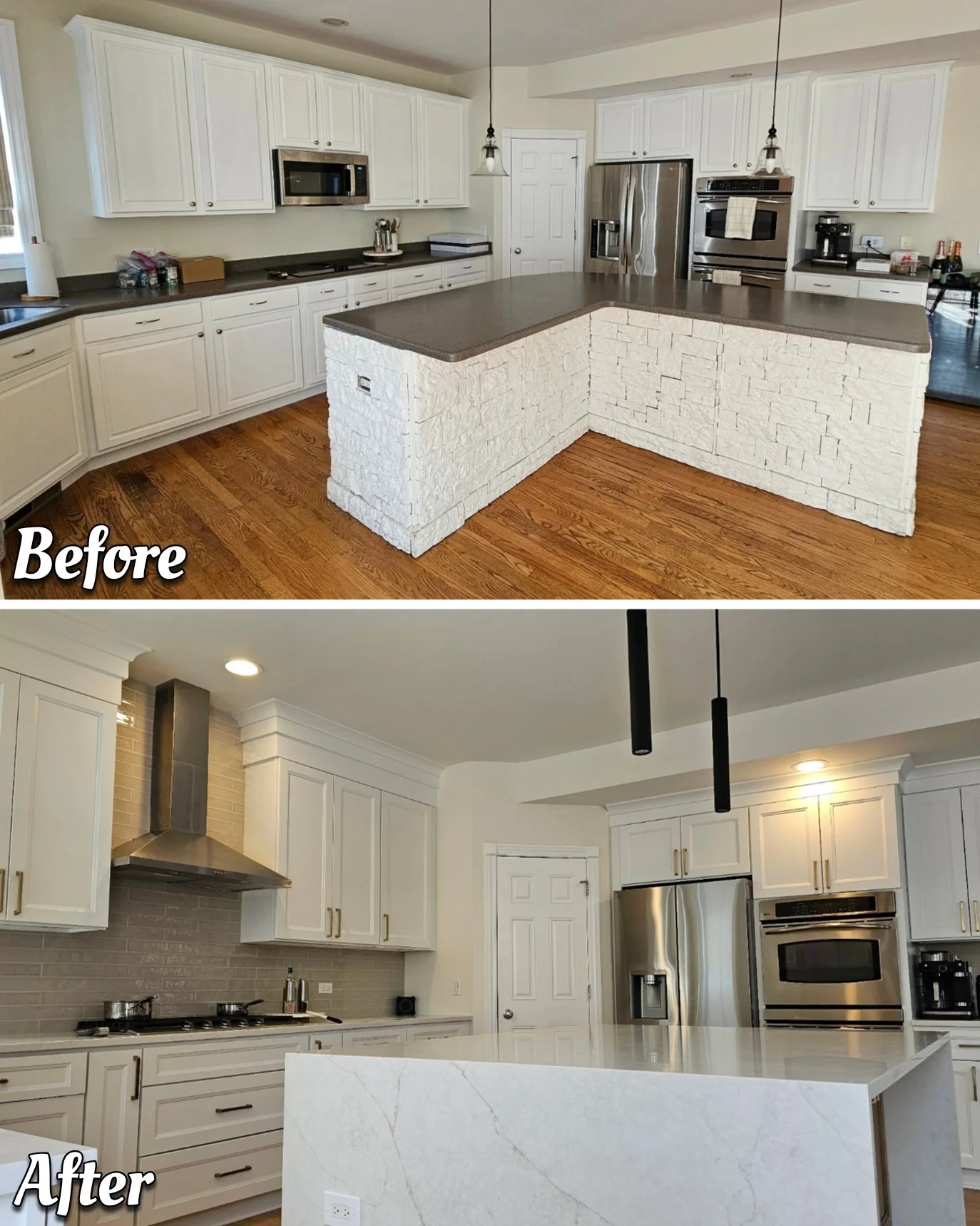 Before and after kitchen renovation in Crystal Lake showing a dated layout updated with white and brown cabinetry and a spacious island with luxury waterfall countertops, captured from a different angle.