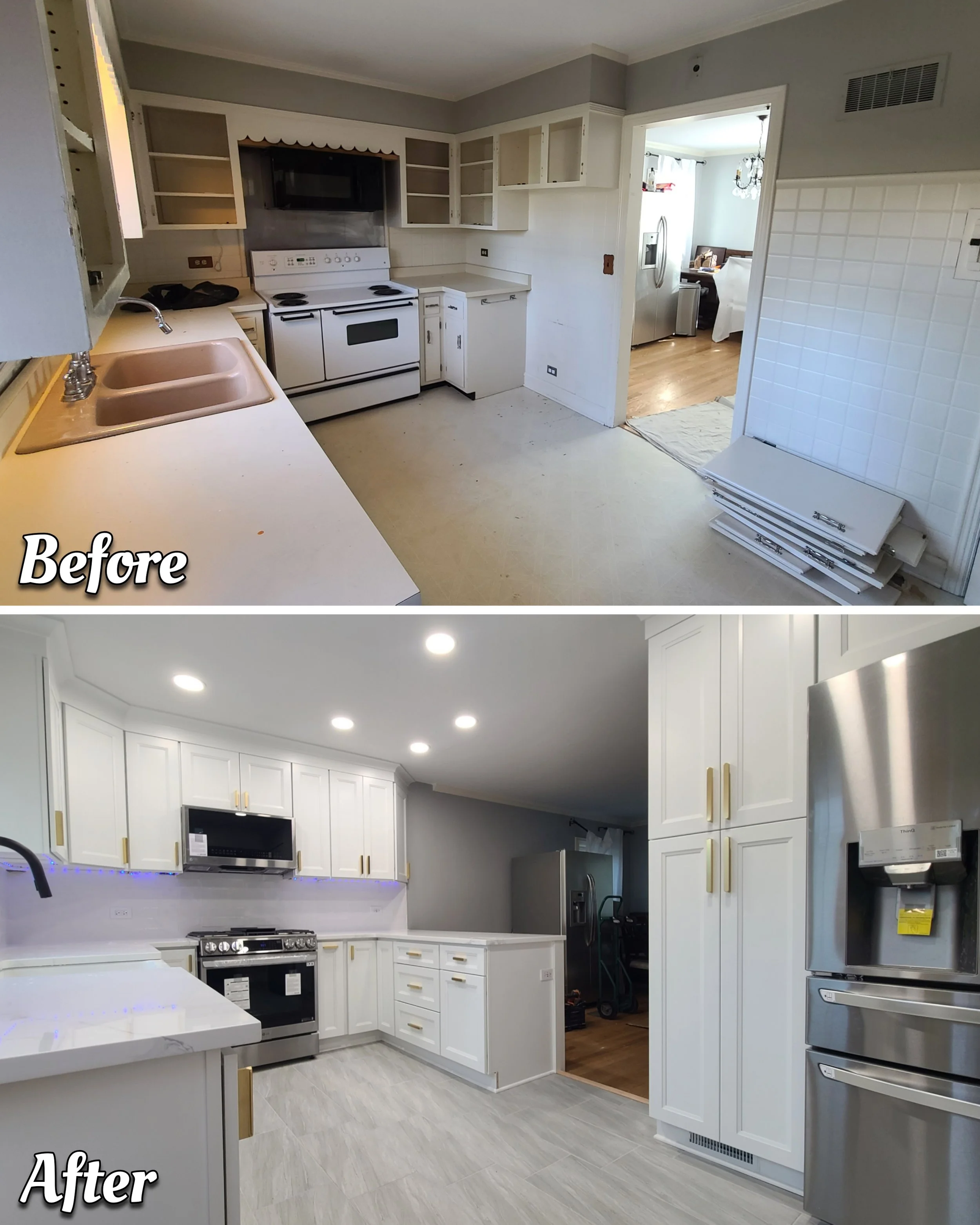 Alternate view of a 1950s kitchen renovation in Arlington Heights, showing the removal of a wall to create an open layout with a new peninsula, white cabinets, updated appliances, and quartz countertops.