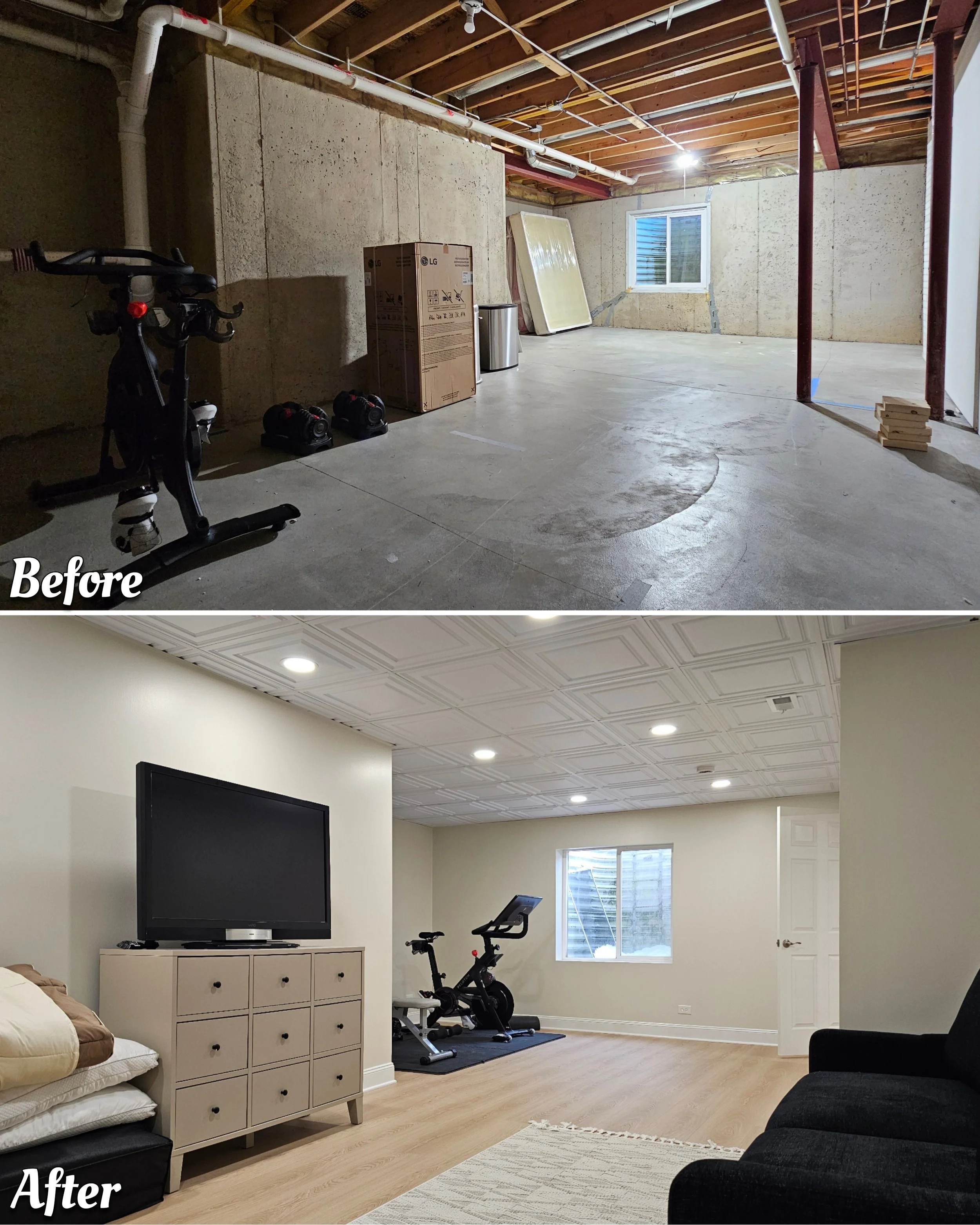 Comparison of a room before and after renovation: the before image shows an unfinished basement with concrete floor, insulation panels, exposed ceiling beams, and stored items. The after image shows the same space transformed into a finished living r