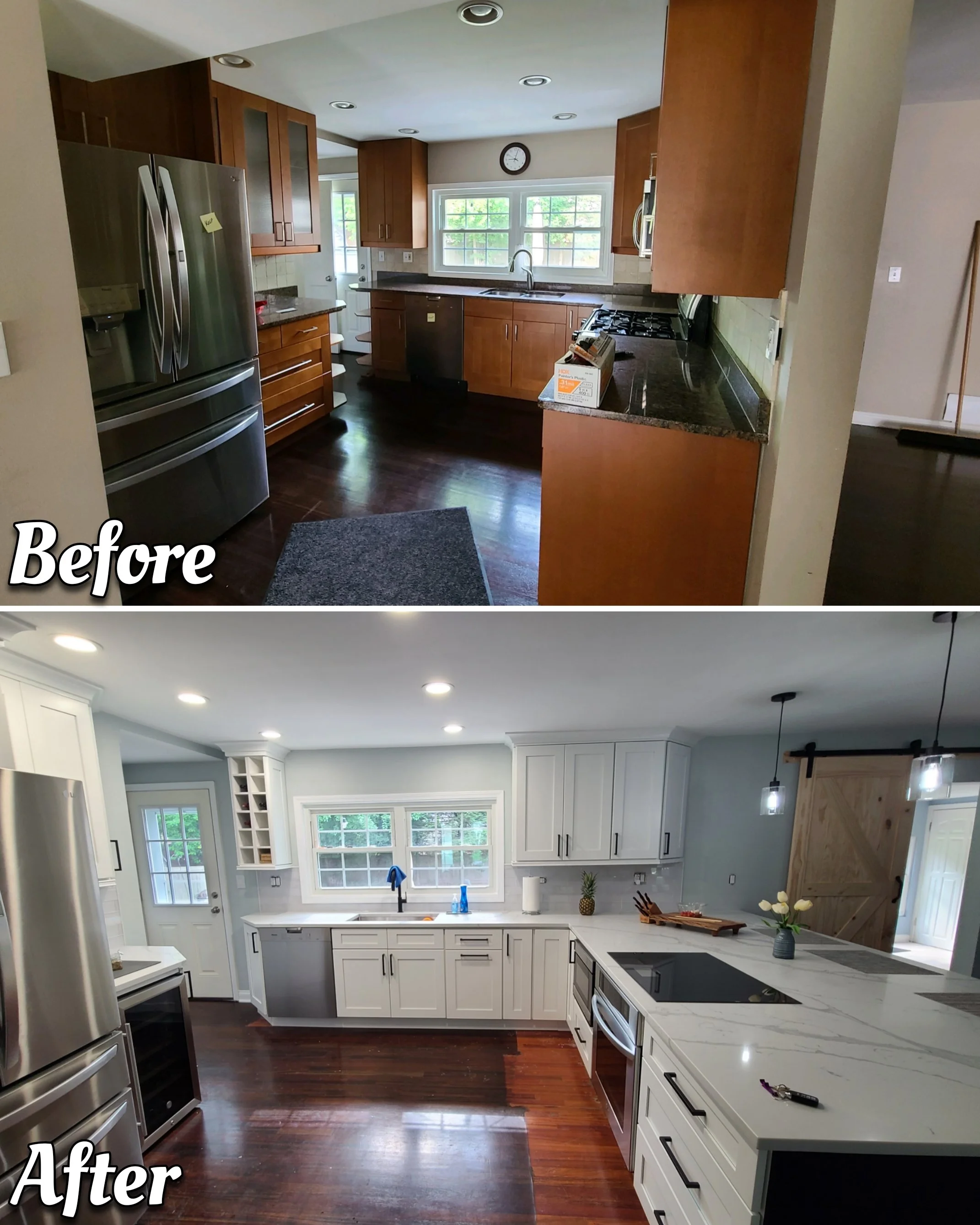 Kitchen before and after renovation, showing new white cabinets, gray countertops, stainless steel appliances, and remodeled space with improved lighting.